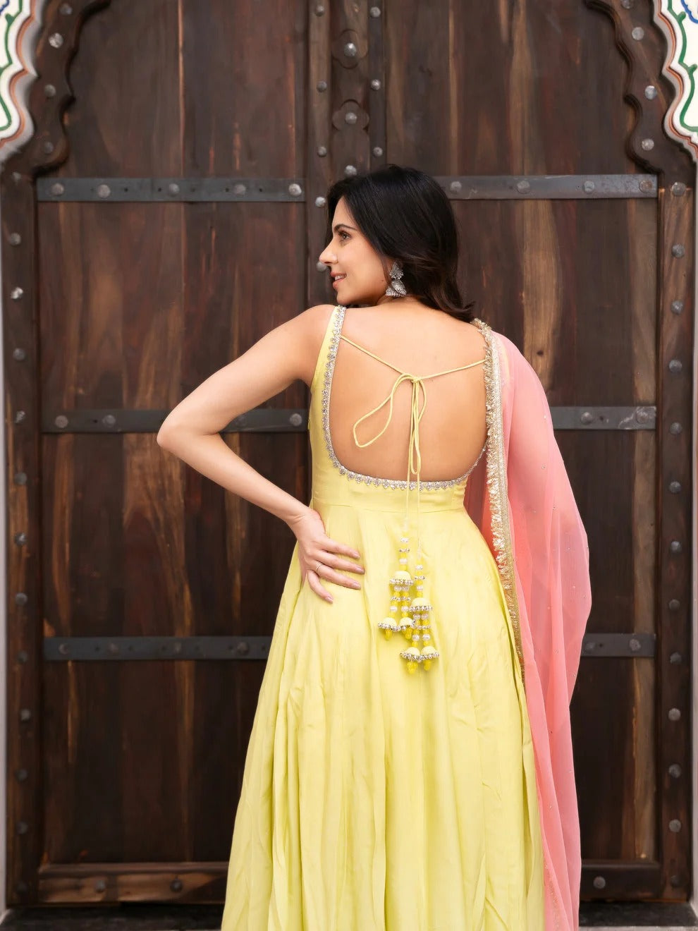 Yellow Faux Georgette Anarkali Suit Set with Pink Dupatta | 7 Meter Flare Festive & Wedding Wear