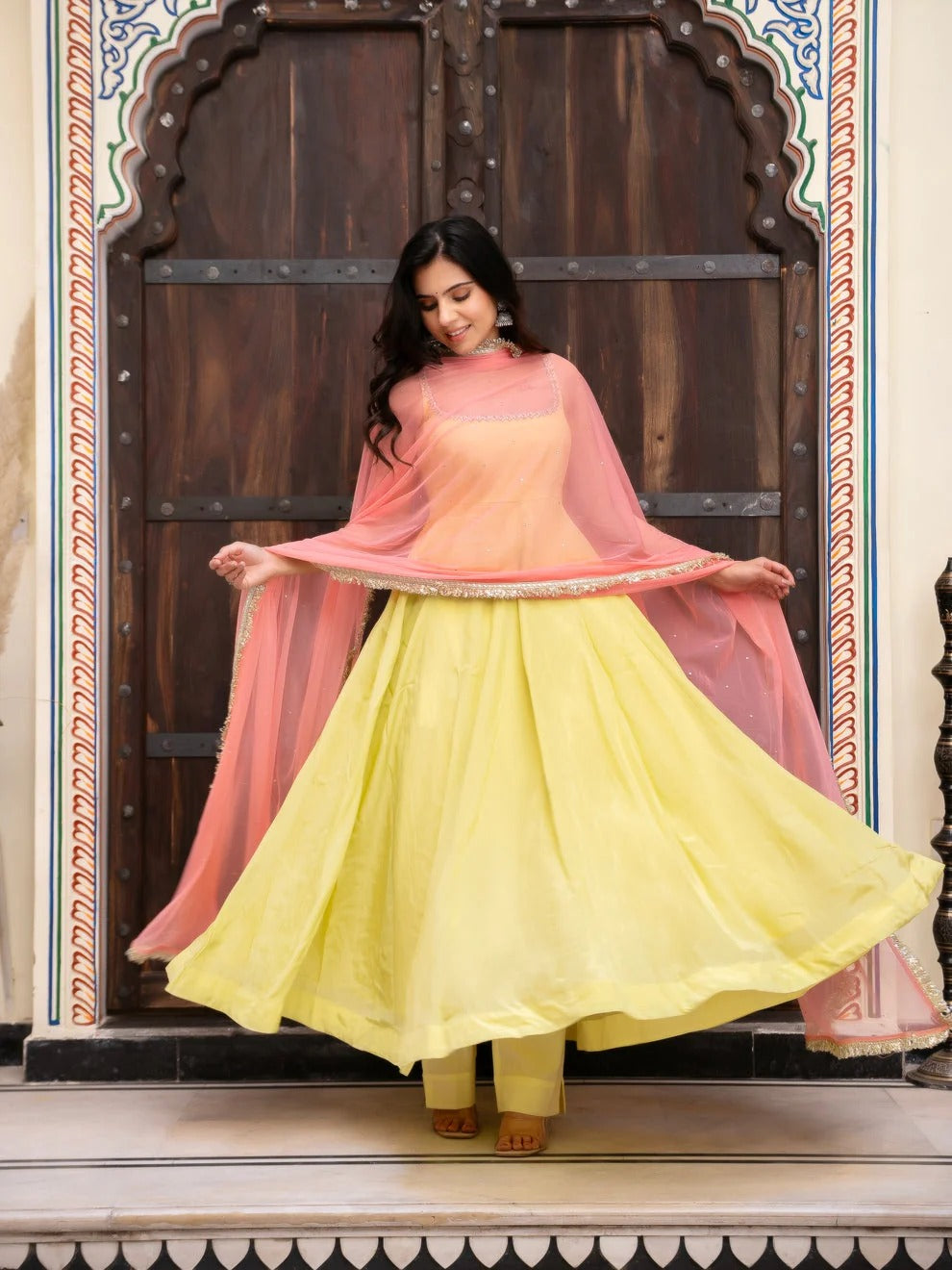 Yellow Faux Georgette Anarkali Suit Set with Pink Dupatta | 7 Meter Flare Festive & Wedding Wear