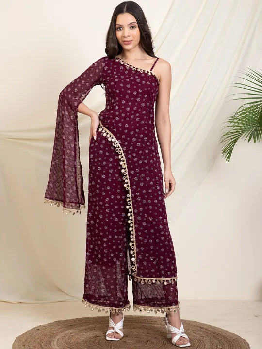 Modern Party & Festive Wear Maroon One-Shoulder Printed Kurti Palazzo Set for Women