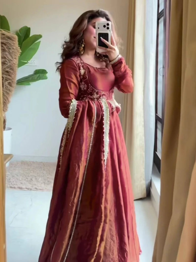Women’s Wine Cosmos Silk Anarkali Suit Set with Koti & Dupatta | Wedding, Sangeet & Party Wear