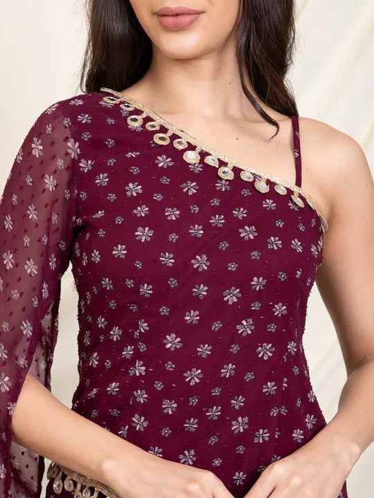 Modern Party & Festive Wear Maroon One-Shoulder Printed Kurti Palazzo Set for Women