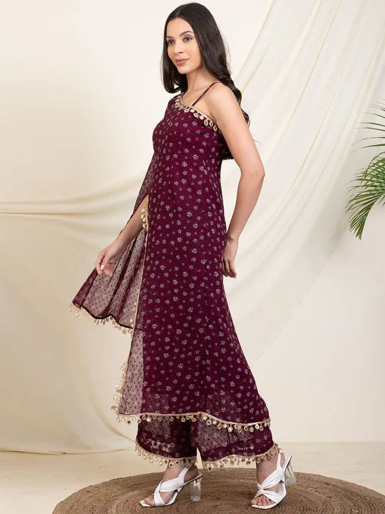 Modern Party & Festive Wear Maroon One-Shoulder Printed Kurti Palazzo Set for Women