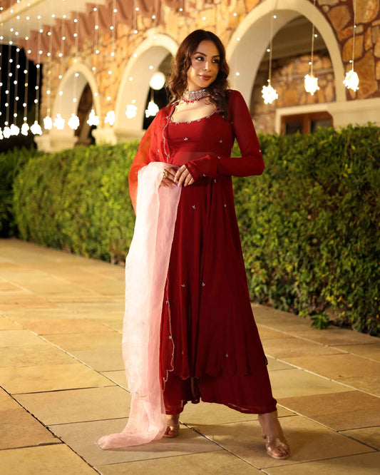 Party & Wedding Wear Maroon Blush Embroidered Georgette Anarkali Suit Set for Women