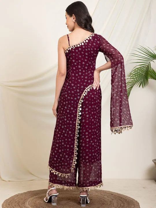 Modern Party & Festive Wear Maroon One-Shoulder Printed Kurti Palazzo Set for Women