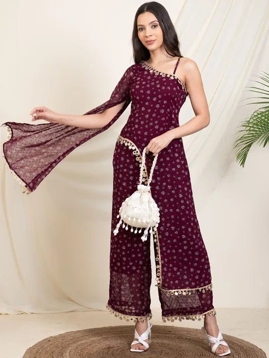 Modern Party & Festive Wear Maroon One-Shoulder Printed Kurti Palazzo Set for Women