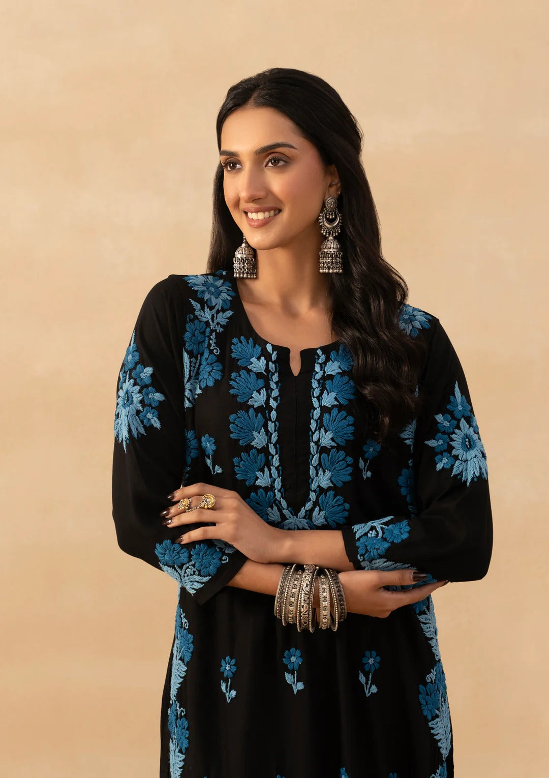 Office & Festive Wear Black Roman Silk Kurta Pant Set with Blue Thread Embroidery work for woman