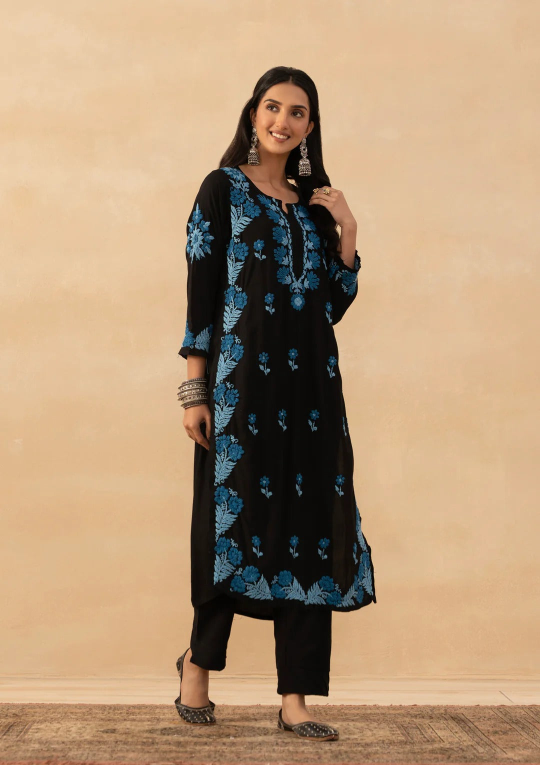 Office & Festive Wear Black Roman Silk Kurta Pant Set with Blue Thread Embroidery work for woman