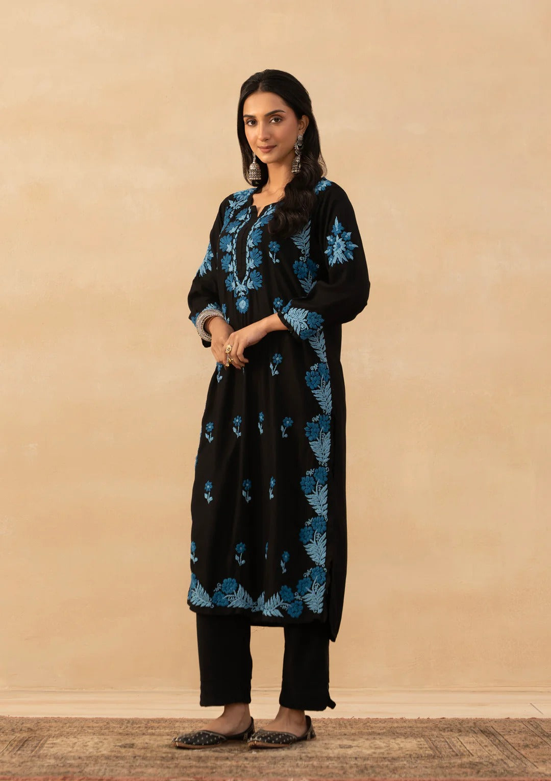 Office & Festive Wear Black Roman Silk Kurta Pant Set with Blue Thread Embroidery work for woman