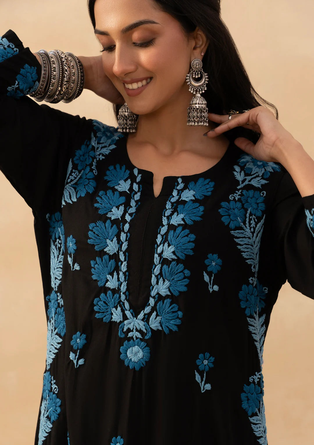 Office & Festive Wear Black Roman Silk Kurta Pant Set with Blue Thread Embroidery work for woman