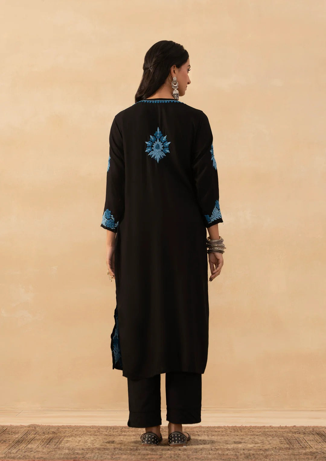 Office & Festive Wear Black Roman Silk Kurta Pant Set with Blue Thread Embroidery work for woman
