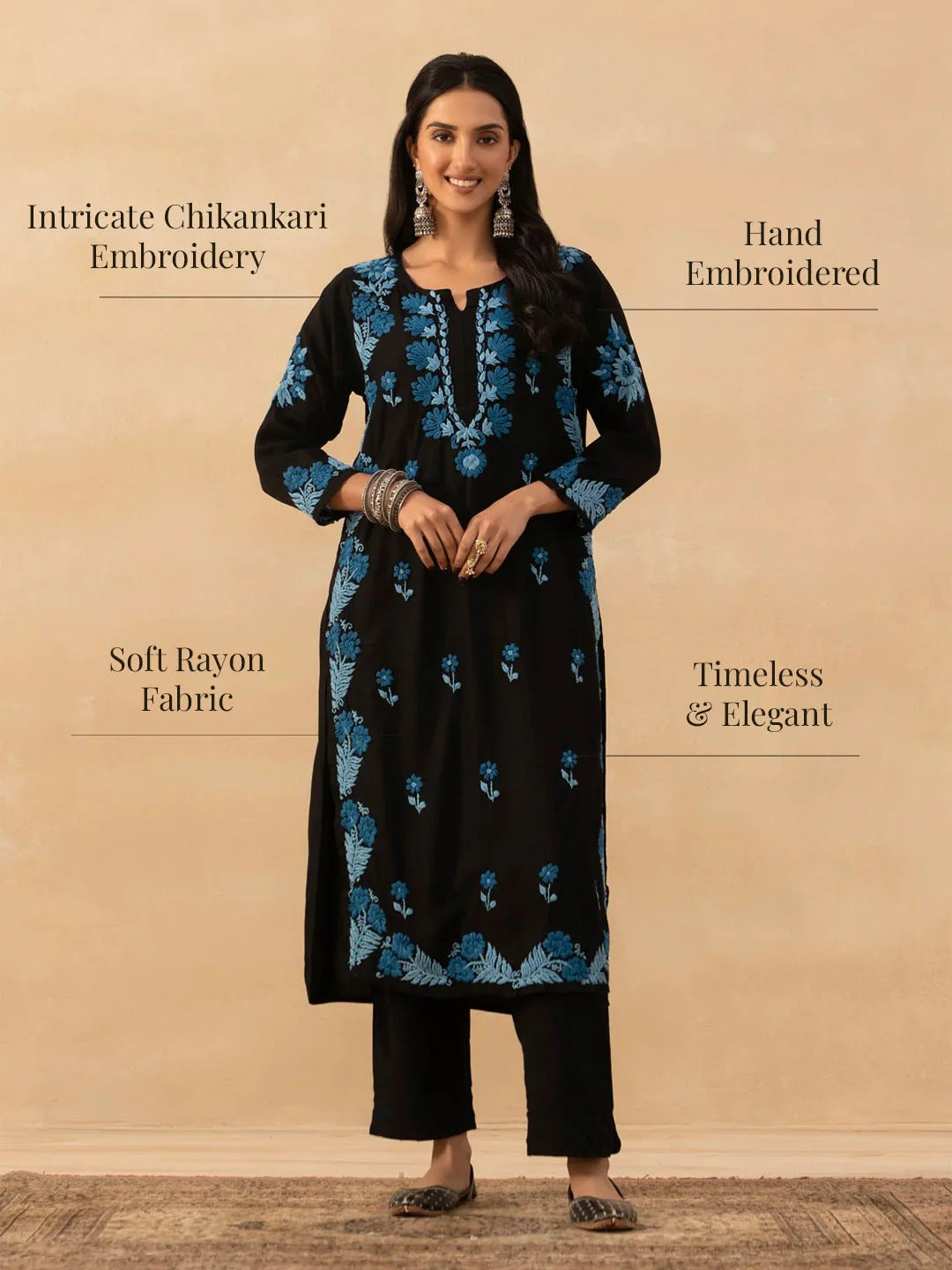 Office & Festive Wear Black Roman Silk Kurta Pant Set with Blue Thread Embroidery work for woman