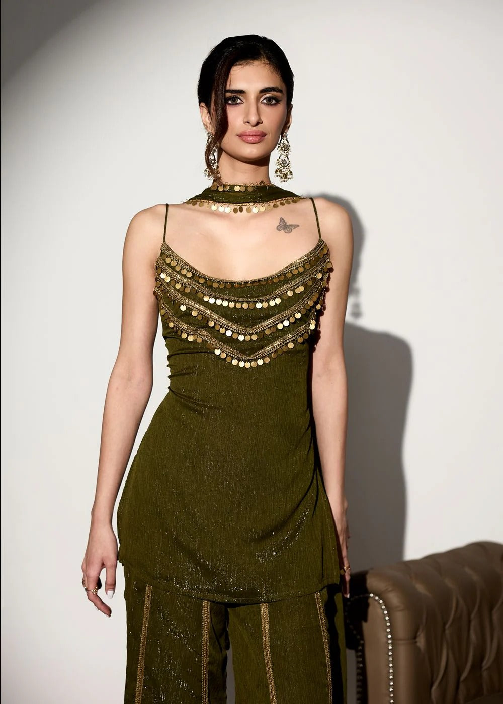 Olive Green Shimmer Chiffon Sharara Suit Set With Handcrafted Coin Embellishments For Wedding, Sangeet, Farewell & Party Wear