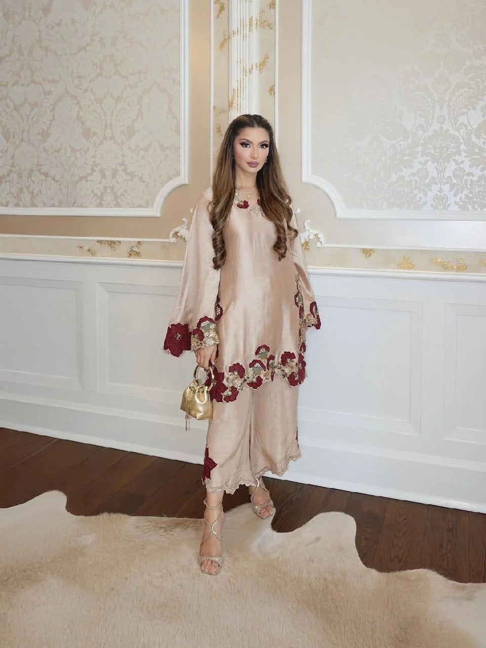 Beige Roman Glass Embroidered Suit Set with Sequins & Digital Print Dupatta for Women | Wedding & Party Wear