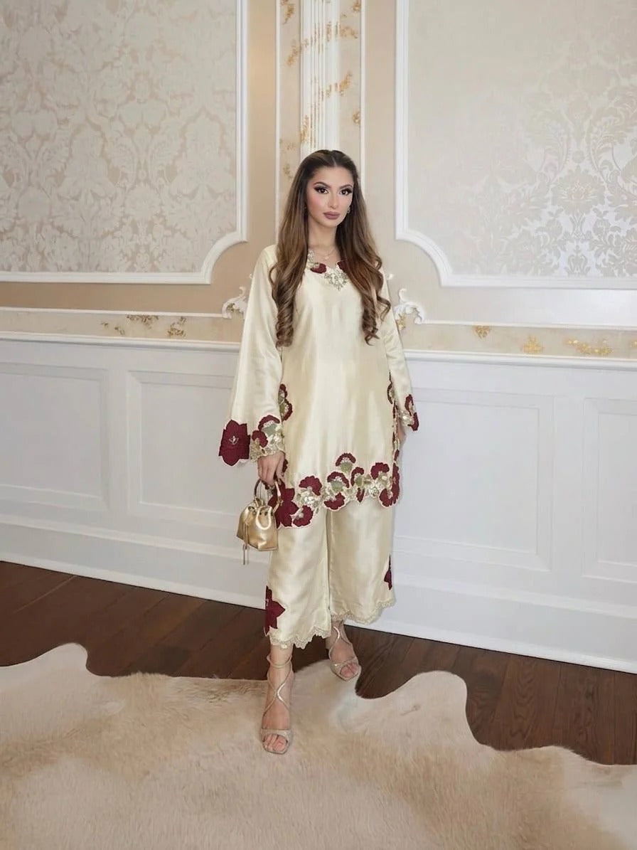 Beige Roman Glass Embroidered Suit Set with Sequins & Digital Print Dupatta for Women | Wedding & Party Wear