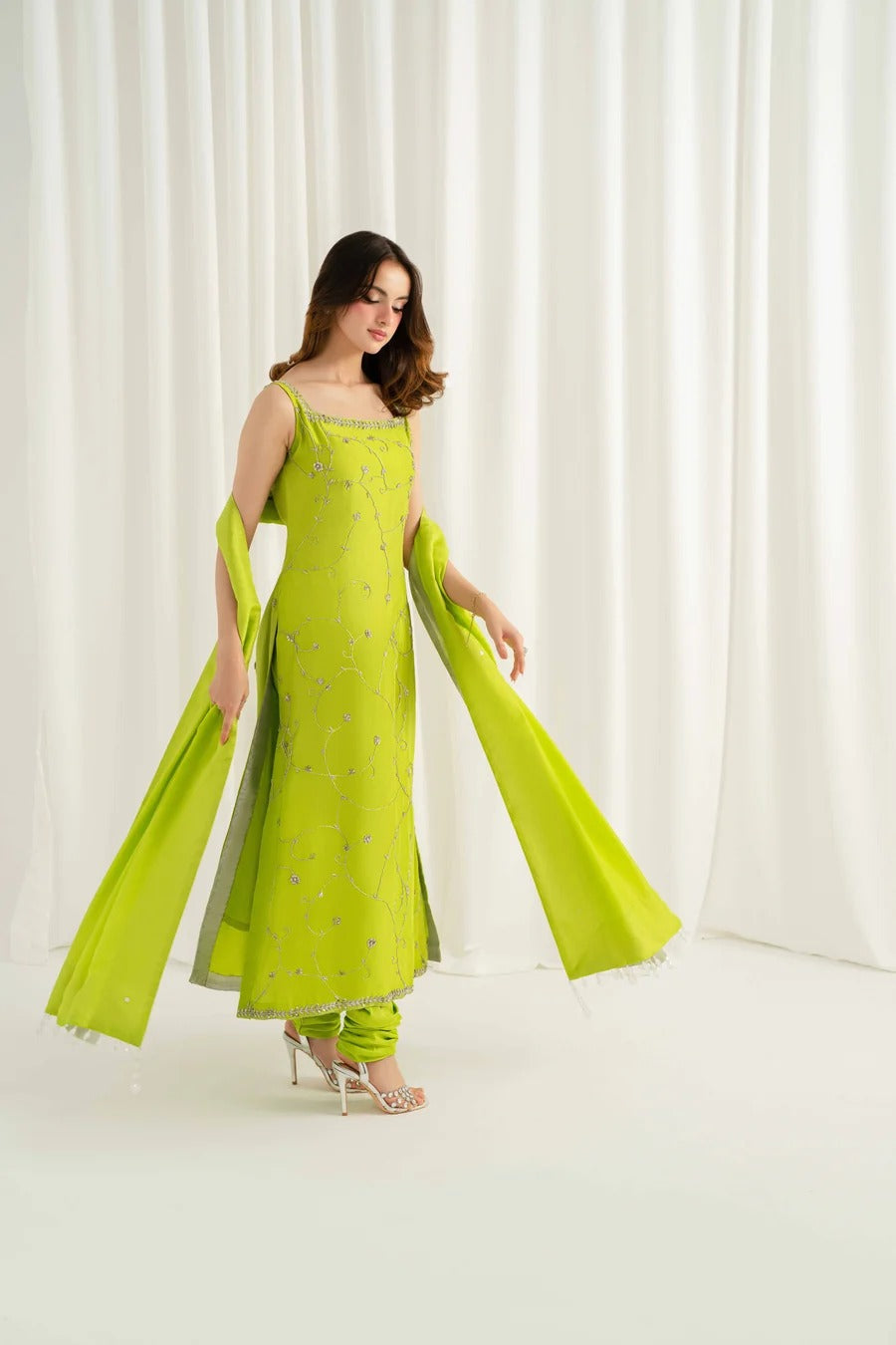 Premium Lime Green Embroidered Raw Silk Ethnic Suit Set for Women