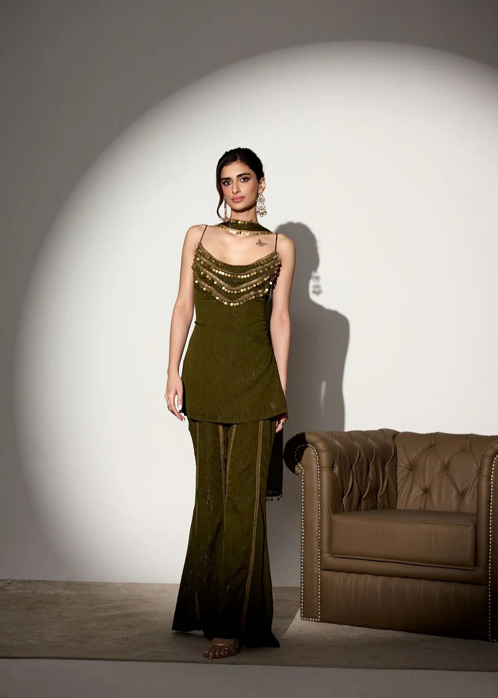 Olive Green Shimmer Chiffon Sharara Suit Set With Handcrafted Coin Embellishments For Wedding, Sangeet, Farewell & Party Wear