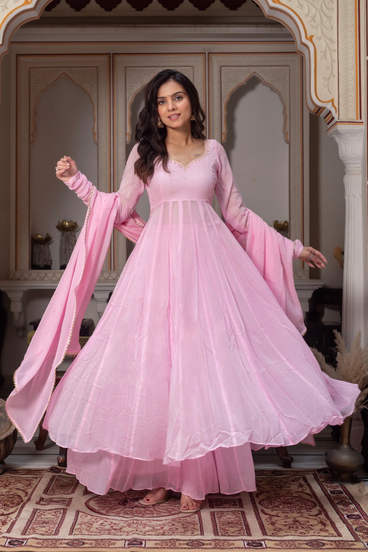 Baby Pink Georgette Anarkali Suit Set with Dupatta | Rakhi Special Ethnic Wear for Women | Wedding, Festive & Party Wear
