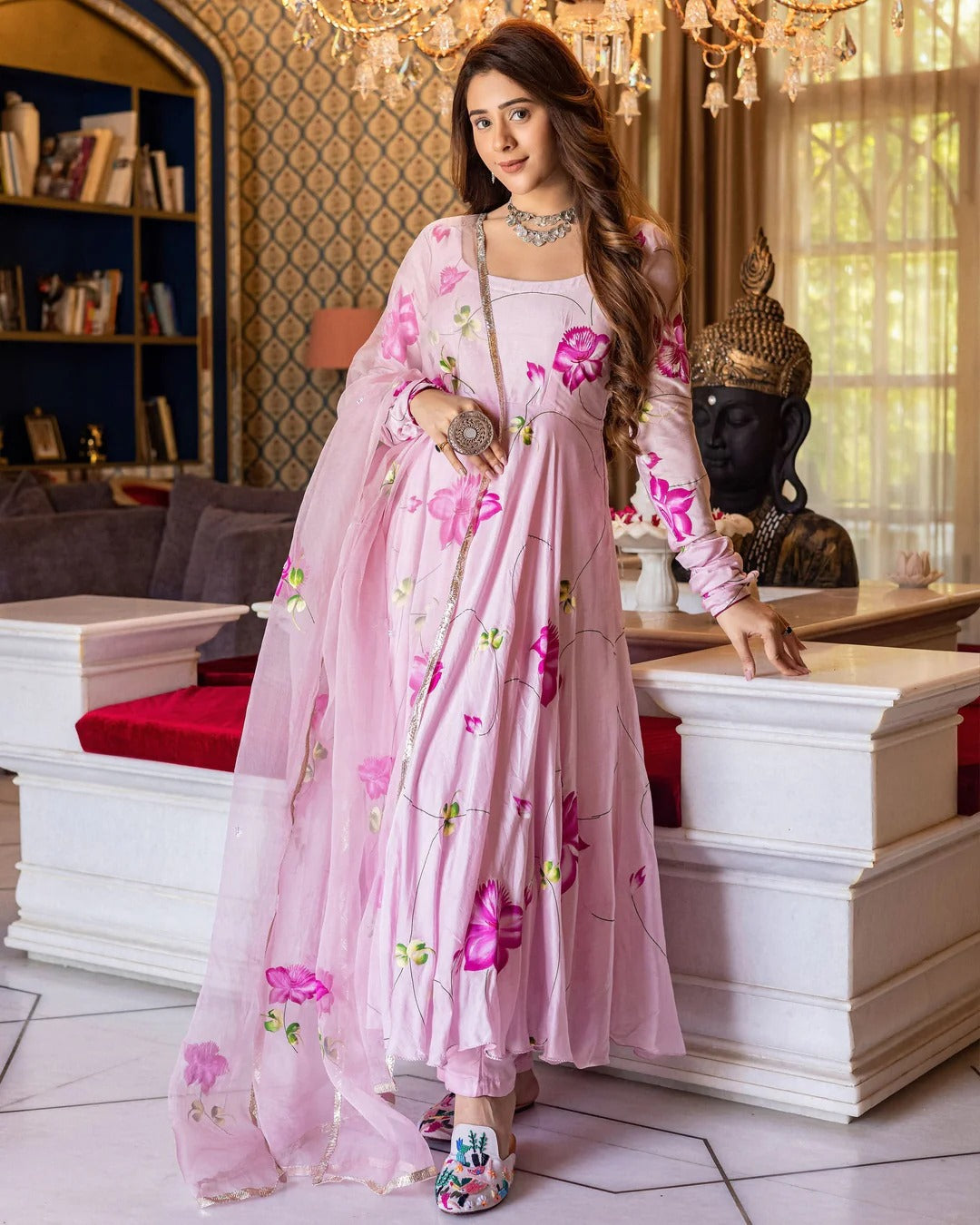 Asavari Pink Anarkali Suit Set for Women – Floral Printed Cotton Silk Suit with Handpainted Organza Dupatta | Farewell, Sangeet & Wedding Wear 2026