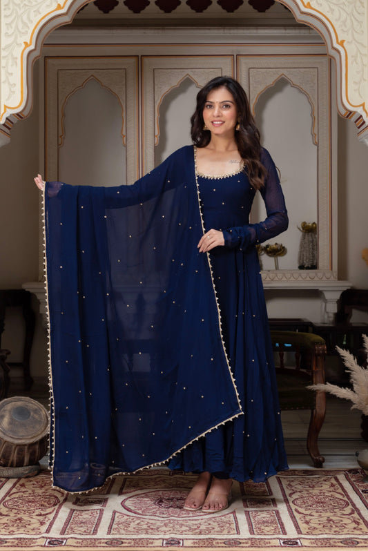 Navy Blue Georgette Anarkali Suit Set for Women | Designer Bead & Sequin Work Gown with Dupatta | Wedding, Sangeet & Party Wear