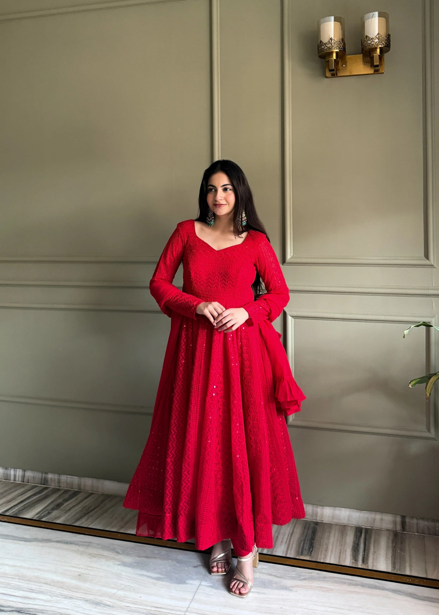 Designer Red Lucknowi Embroidered Anarkali Gown Set with Ruffle Dupatta | Wedding & Party Wear