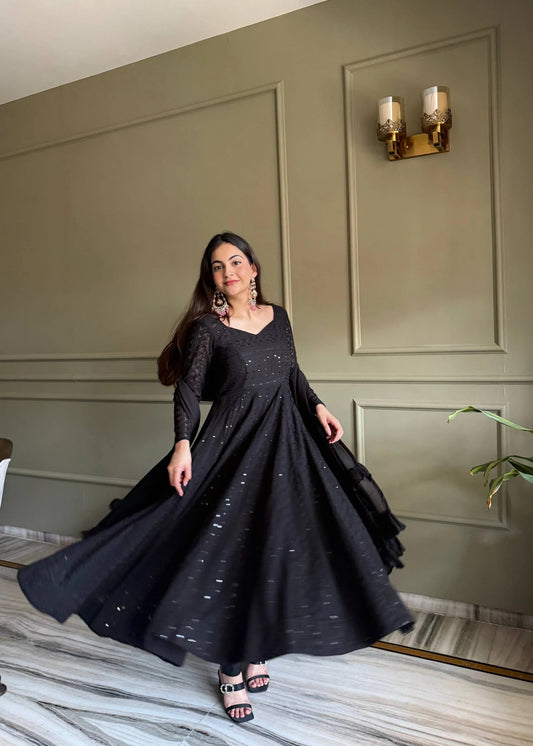 Women’s Black Lucknowi Embroidered Anarkali Gown Set with Ruffle Dupatta | Party & Wedding Wear