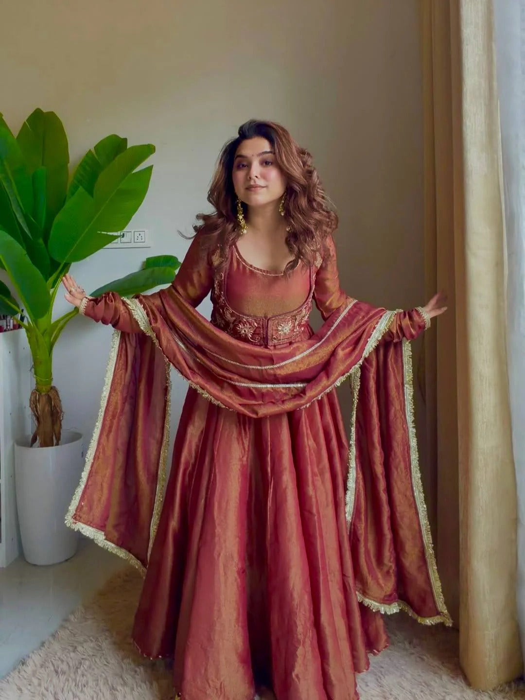 Women’s Wine Cosmos Silk Anarkali Suit Set with Koti & Dupatta | Wedding, Sangeet & Party Wear