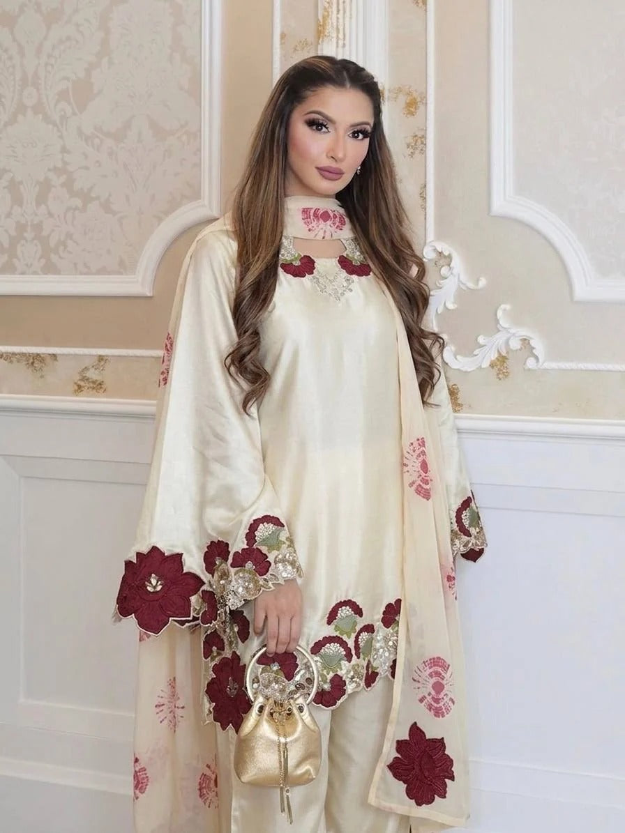 Beige Roman Glass Embroidered Suit Set with Sequins & Digital Print Dupatta for Women | Wedding & Party Wear