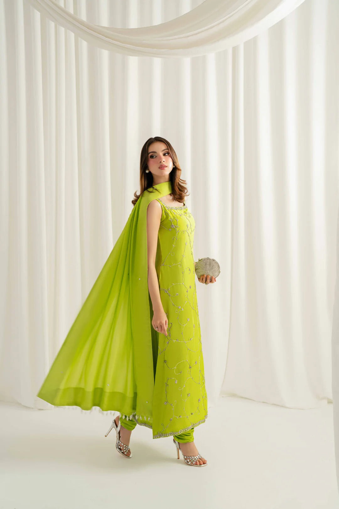 Premium Lime Green Embroidered Raw Silk Ethnic Suit Set for Women