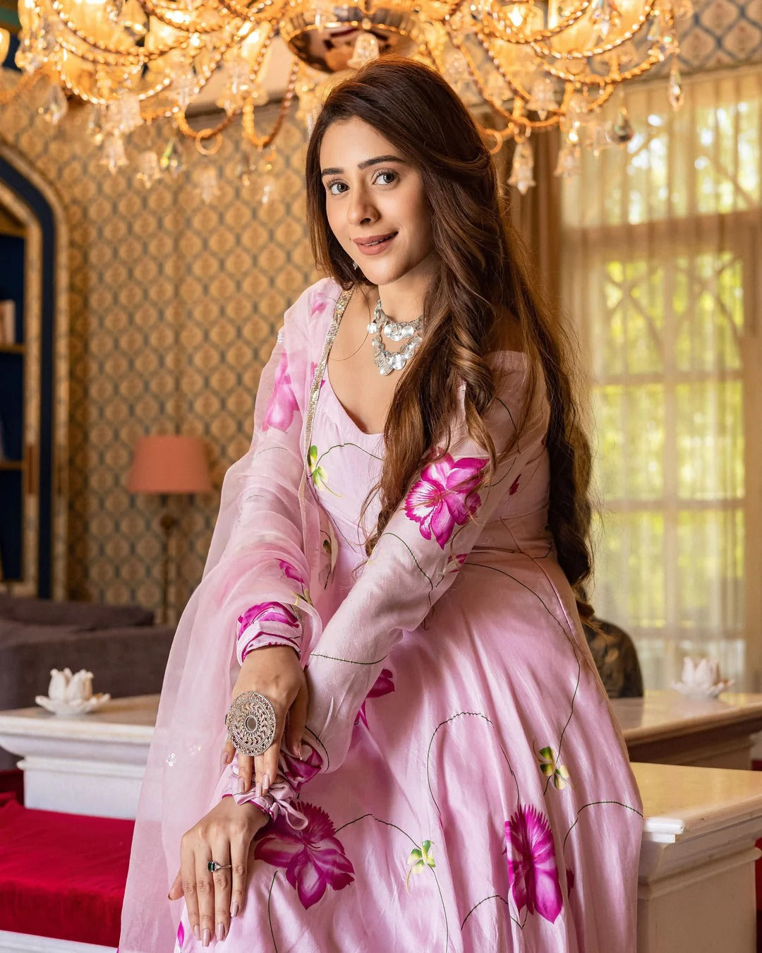 Asavari Pink Anarkali Suit Set for Women – Floral Printed Cotton Silk Suit with Handpainted Organza Dupatta | Farewell, Sangeet & Wedding Wear 2026