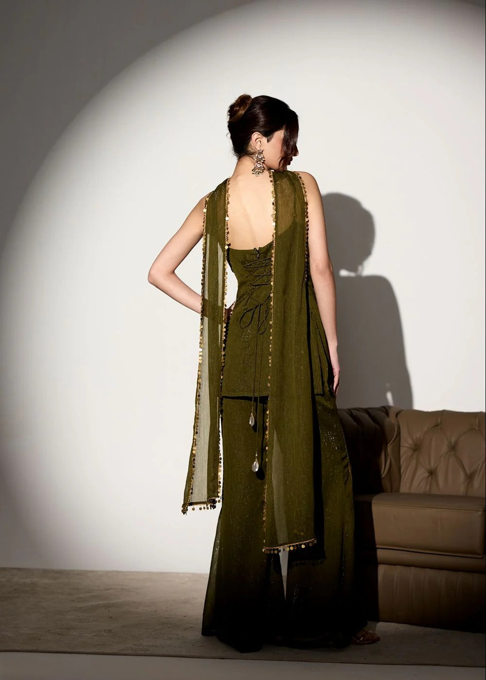 Olive Green Shimmer Chiffon Sharara Suit Set With Handcrafted Coin Embellishments For Wedding, Sangeet, Farewell & Party Wear