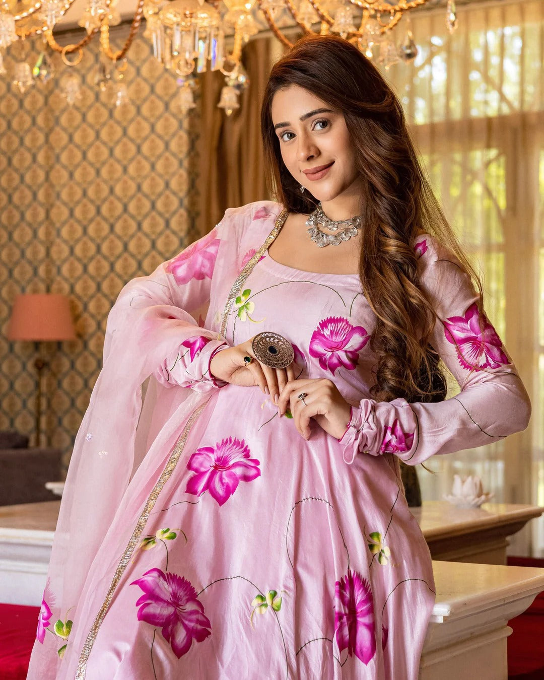 Asavari Pink Anarkali Suit Set for Women – Floral Printed Cotton Silk Suit with Handpainted Organza Dupatta | Farewell, Sangeet & Wedding Wear 2026