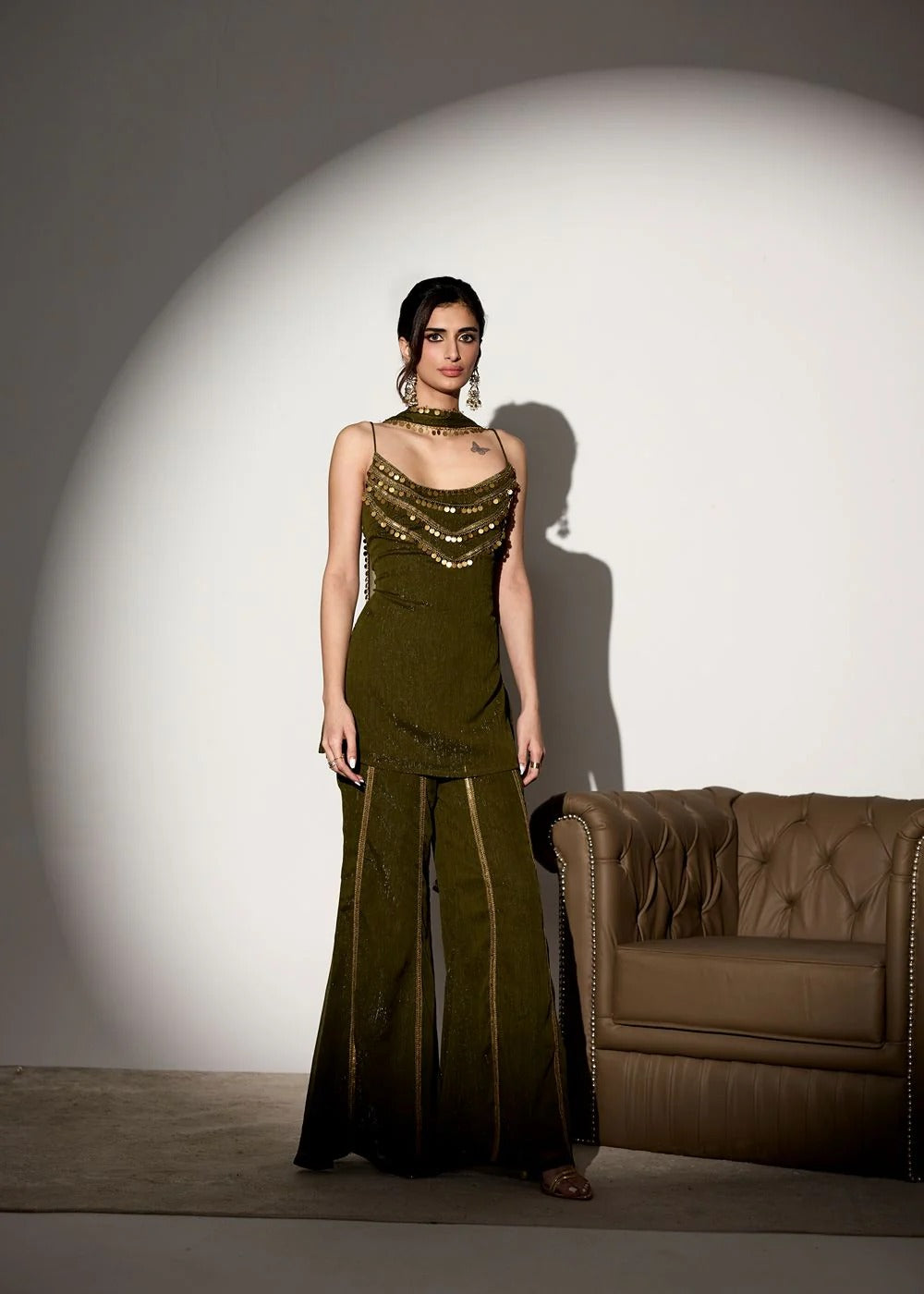 Olive Green Shimmer Chiffon Sharara Suit Set With Handcrafted Coin Embellishments For Wedding, Sangeet, Farewell & Party Wear