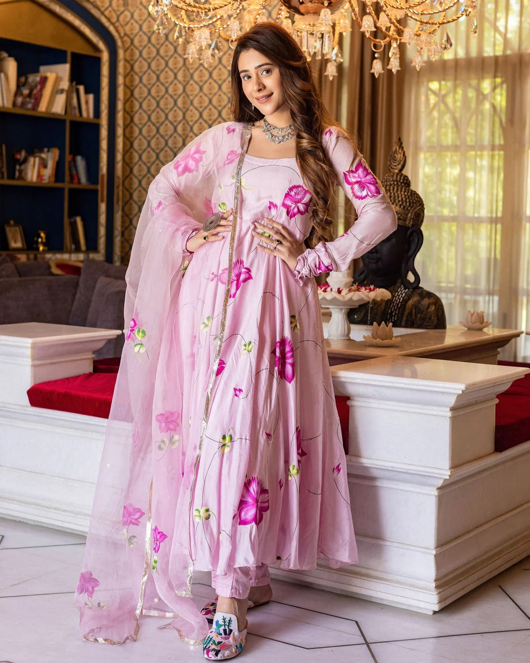 Asavari Pink Anarkali Suit Set for Women – Floral Printed Cotton Silk Suit with Handpainted Organza Dupatta | Farewell, Sangeet & Wedding Wear 2026