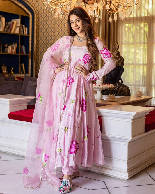 Asavari Pink Anarkali Suit Set for Women – Floral Printed Cotton Silk Suit with Handpainted Organza Dupatta | Farewell, Sangeet & Wedding Wear 2026