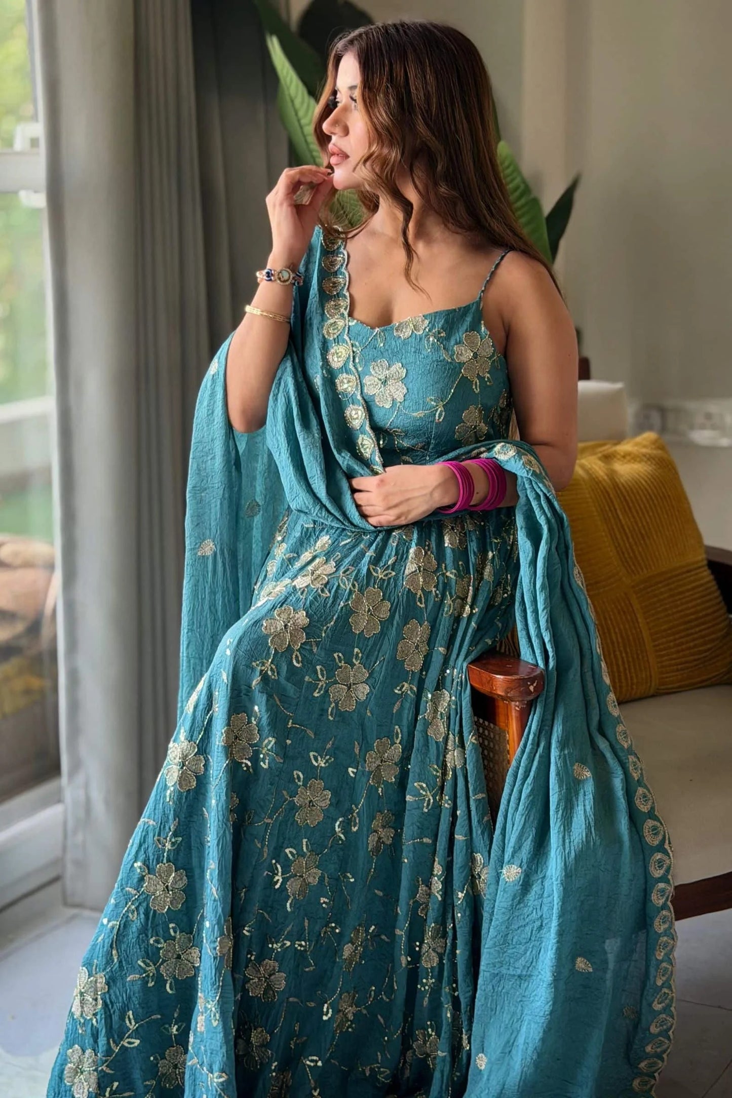 Designer Teal Blue Hand Bead Work Anarkali Set for woman Sangeet, Wedding & Party Wear