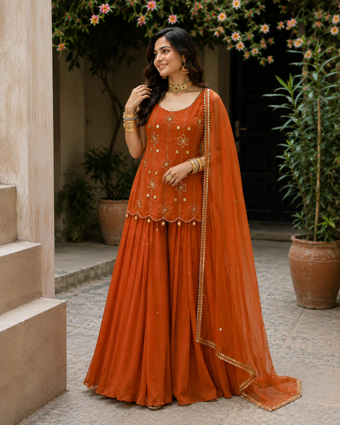Wedding & party Wear Warm Ocher Color Sharara Suit Set for Woman