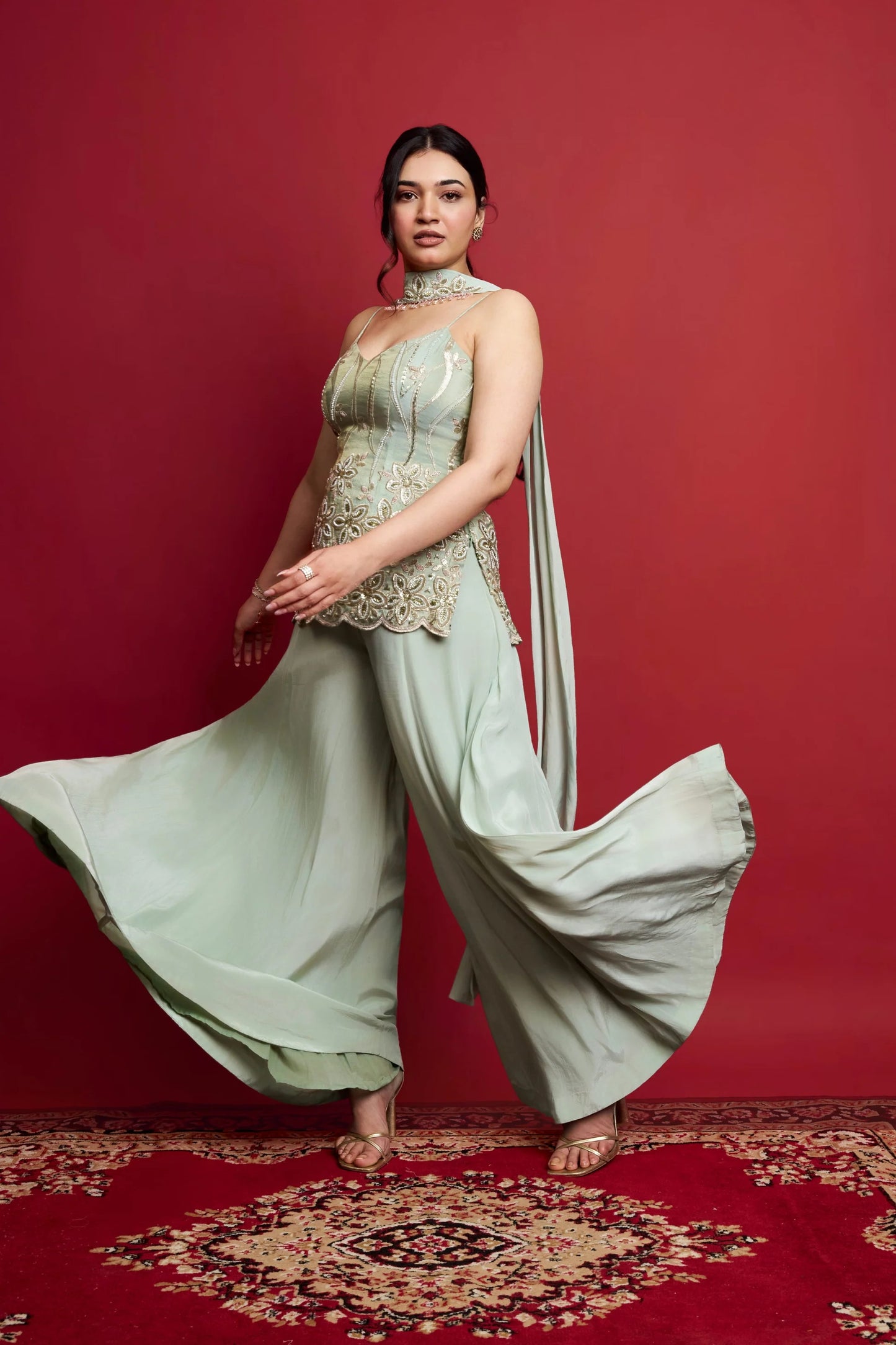 Designer Sage Green Sharara Set for Women | Wedding, Mehndi & Festive Wear & Party Wear