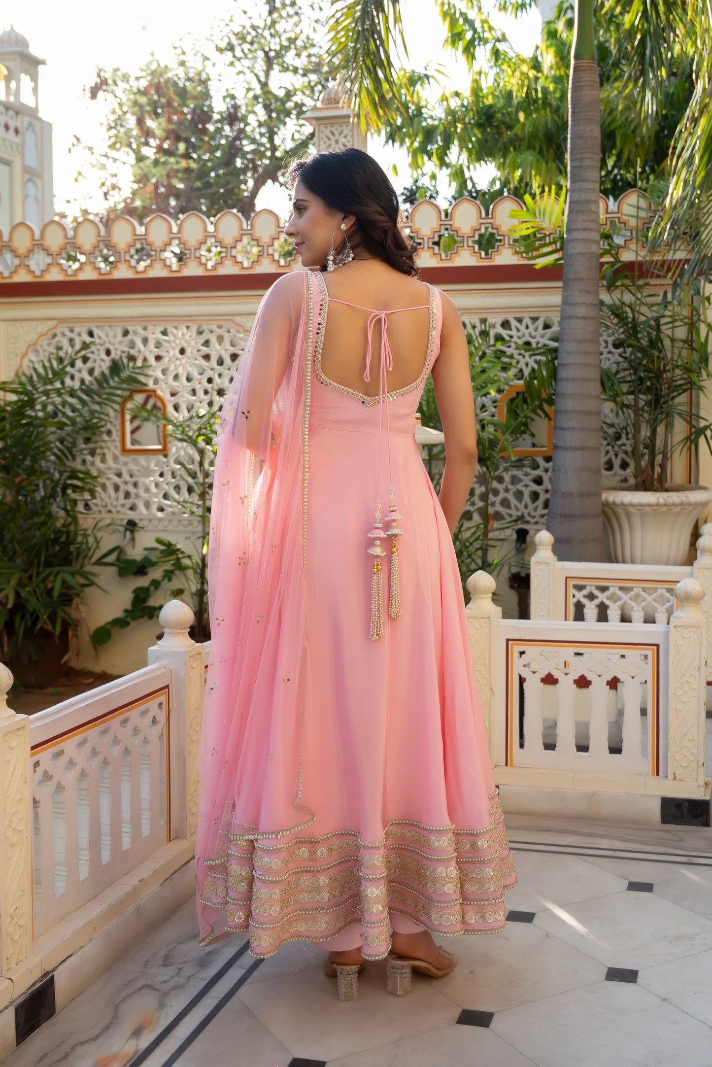 Designer Baby Pink Anarkali Suit Set with Mirror Embroidery & Net Dupatta for woman | Wedding Wear