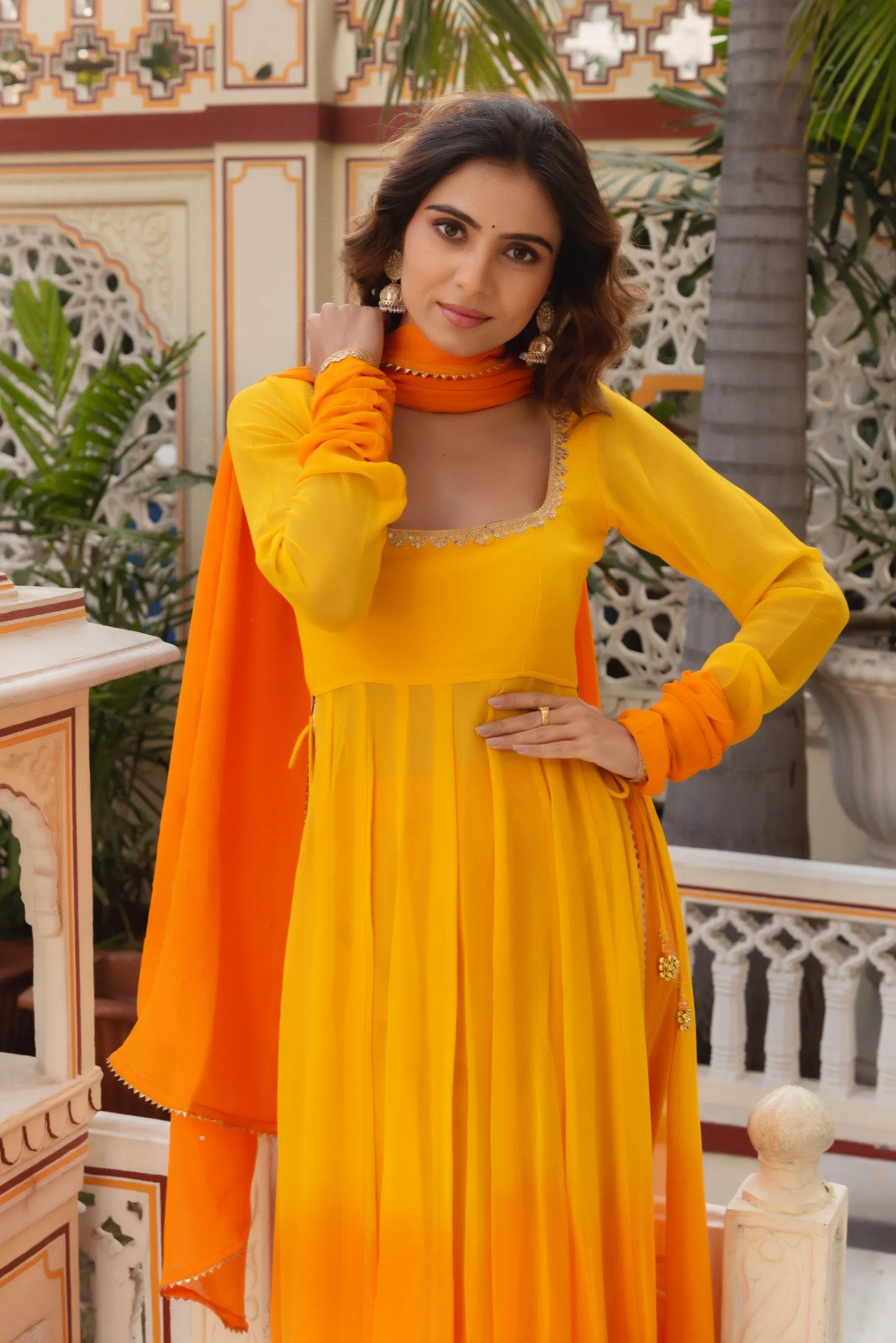 Yellow Georgette Pleated Anarkali Suit Set for Women – Party Wear Sangeet Wedding Outfit with Dupatta