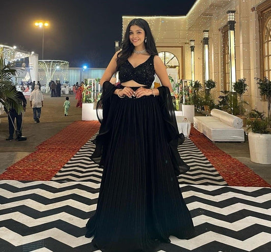 Black Sequins Embroidered Georgette Lehenga Choli Set With Dupatta For Party, Reception & Wedding Wear