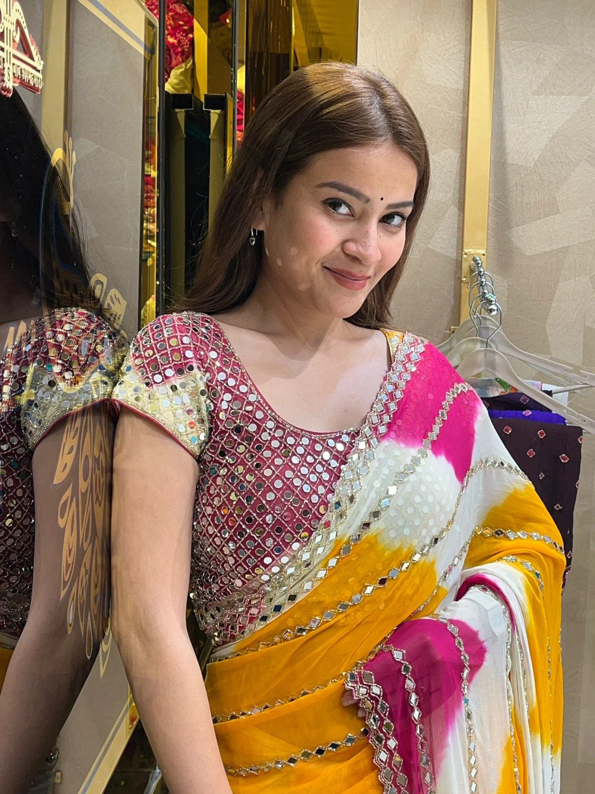 Premium Yellow Pink Digital Print Faux Georgette Saree With Real Mirror Work Blouse For Wedding & Festive Wear
