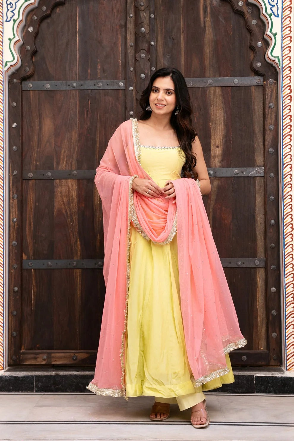 Yellow Faux Georgette Anarkali Suit Set with Pink Dupatta | 7 Meter Flare Festive & Wedding Wear