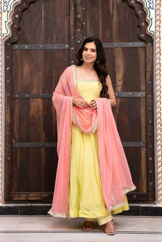 Yellow Faux Georgette Anarkali Suit Set with Pink Dupatta | 7 Meter Flare Festive & Wedding Wear