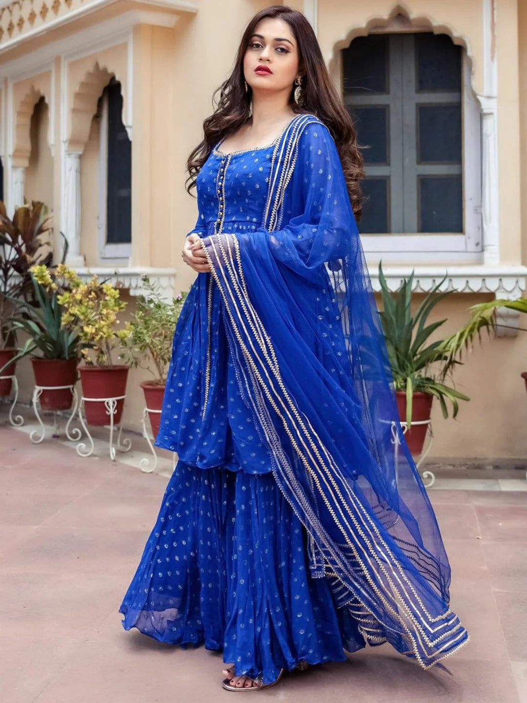 Designer Royal Blue Georgette Sharara Suit Set | Designer Embroidered Kurta & Sharara | Party & Wedding Wear