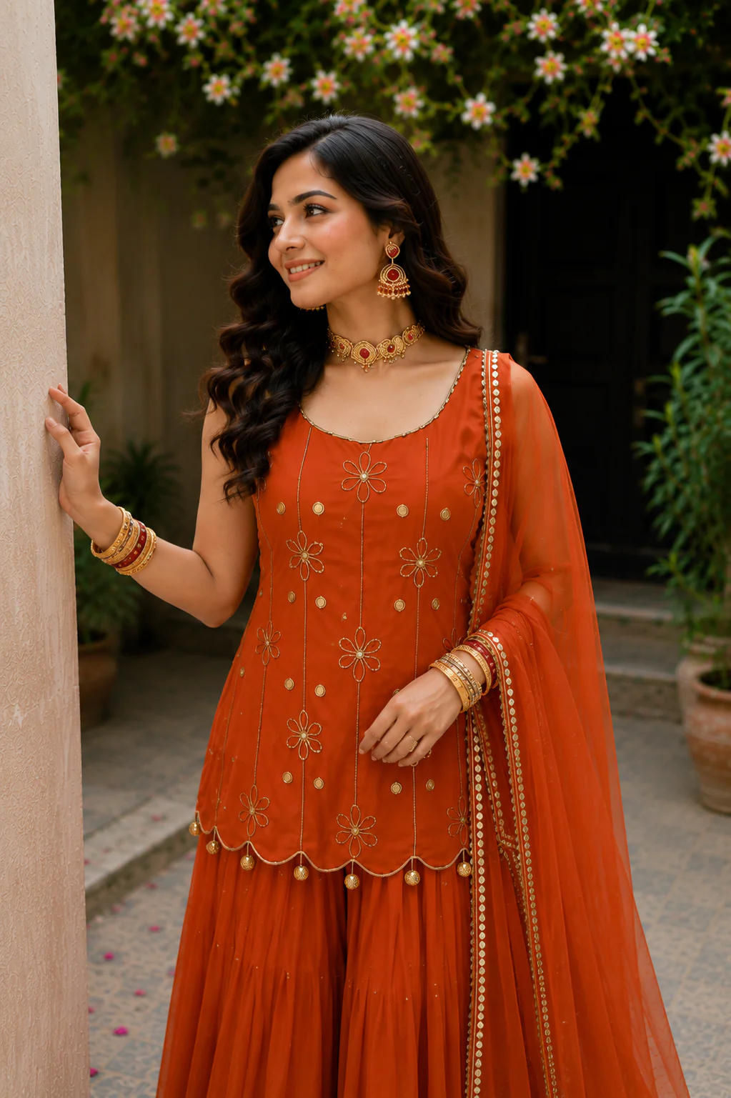 Wedding & party Wear Warm Ocher Color Sharara Suit Set for Woman