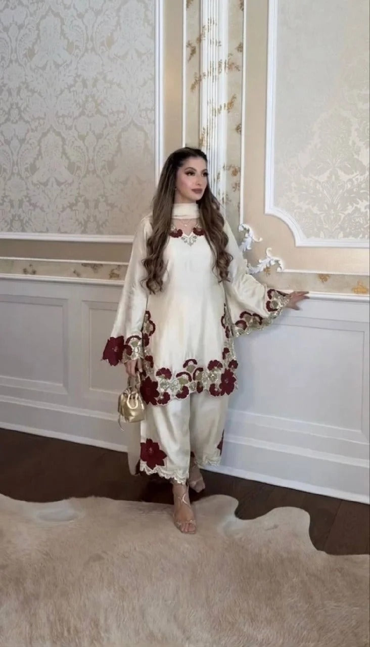Beige Roman Glass Embroidered Suit Set with Sequins & Digital Print Dupatta for Women | Wedding & Party Wear