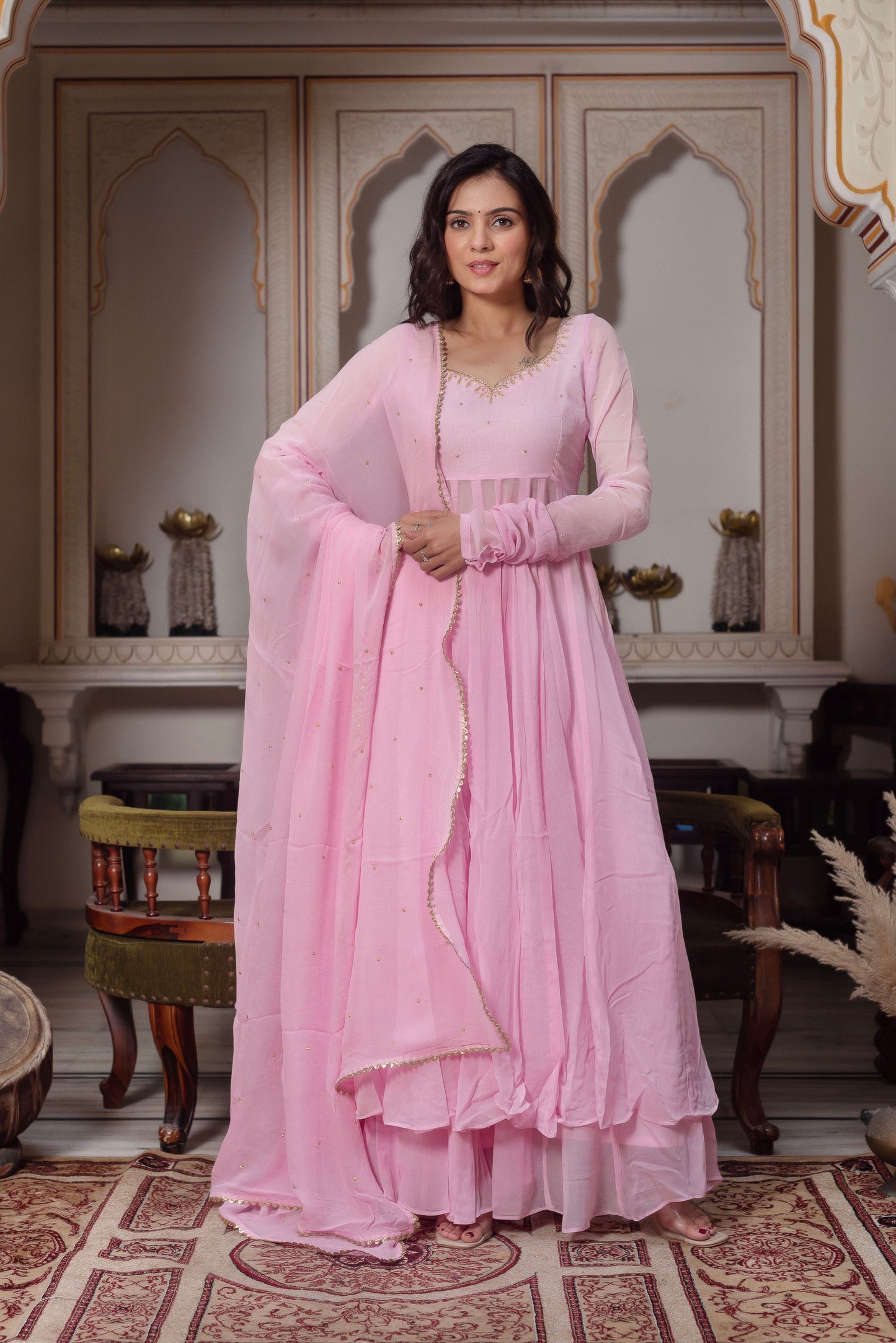 Baby Pink Georgette Anarkali Suit Set with Dupatta | Rakhi Special Ethnic Wear for Women | Wedding, Festive & Party Wear