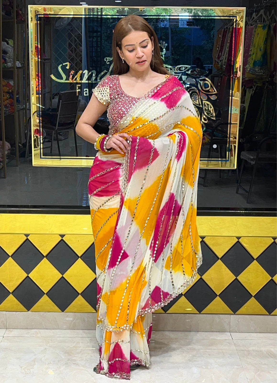 Premium Yellow Pink Digital Print Faux Georgette Saree With Real Mirror Work Blouse For Wedding & Festive Wear