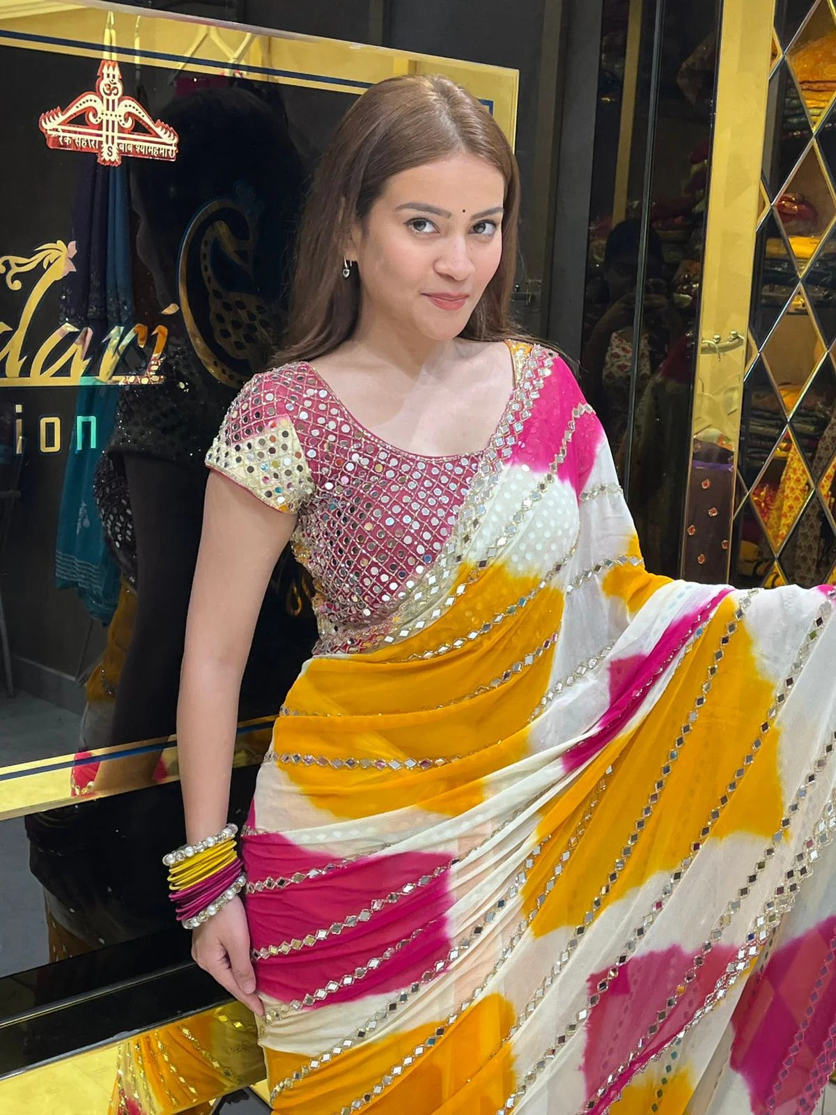 Premium Yellow Pink Digital Print Faux Georgette Saree With Real Mirror Work Blouse For Wedding & Festive Wear