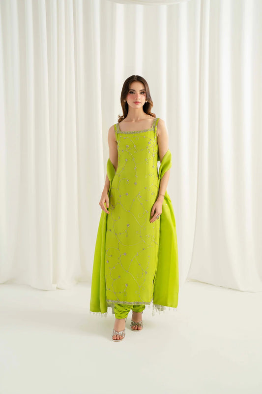 Premium Lime Green Embroidered Raw Silk Ethnic Suit Set for Women